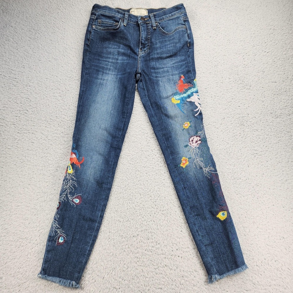 Free People Jeans Womens 26 Blue Mid Rise Skinny Embroidered Cropped Raw Hem